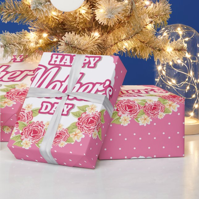 Flowers Pink and White Polka Dot Happy Mothers Day Wrapping Paper (Holidays)