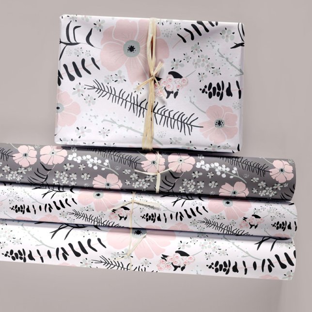 Flowers Pink Black Botanical Decoupage Gift Wrapping Paper Sheets (Sweet Pink Gray Whimsical Patterned Flowers Wrapping Paper Sheets from Studio Posies.)