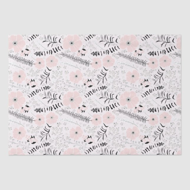 Flowers Pink Black Botanical Pattern Tissue Paper (Front)