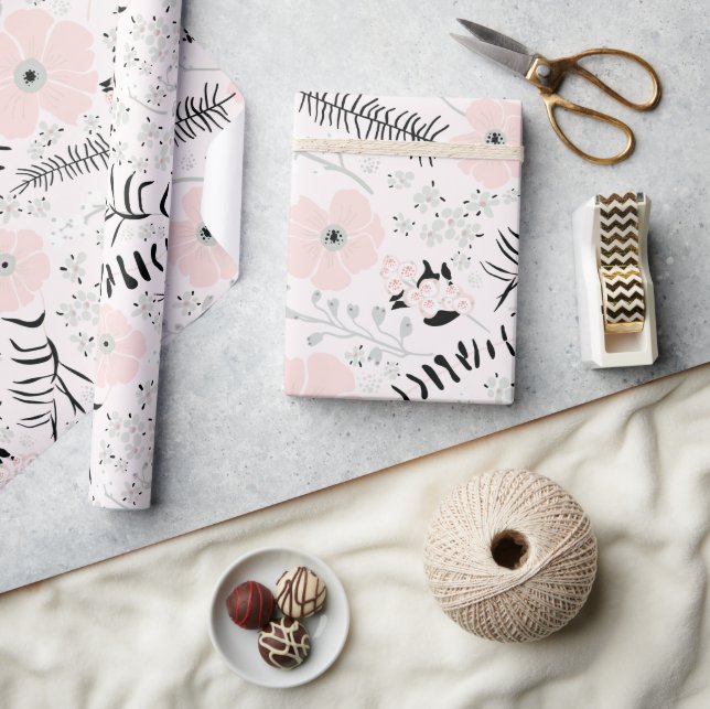 Flowers Pink Black Botanical Pattern Wrapping Paper (Crafts)