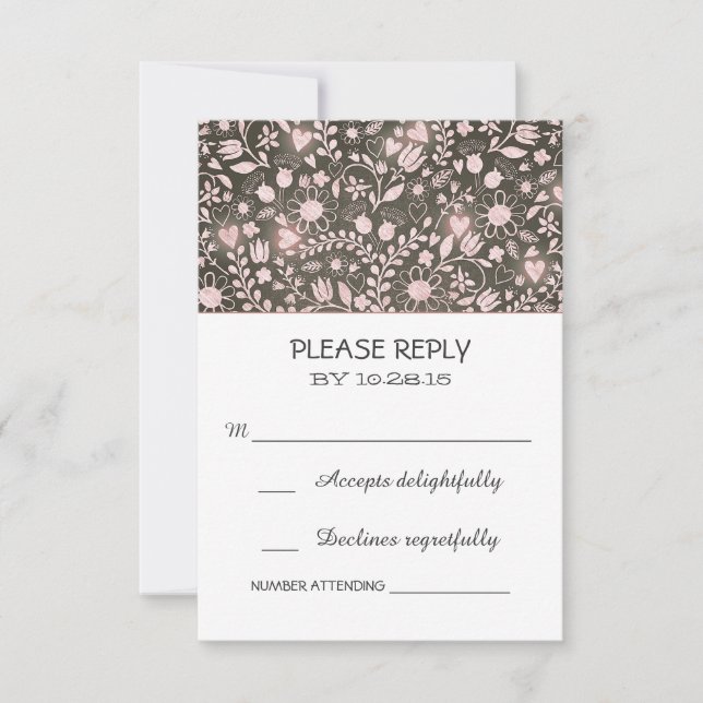 Flowers pink brown rustic wedding RSVP cards (Front)