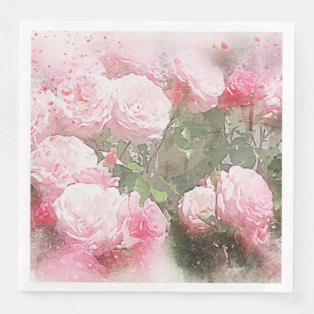 Flowers Pink Cabbage Roses Paper Dinner Napkins (Front)