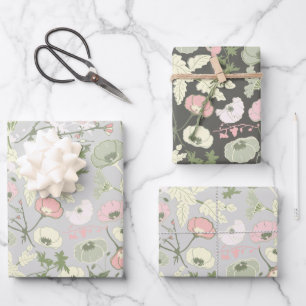 Flowers Pink Green Botanical Pattern Wrapping Paper Sheets
