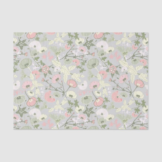Flowers Pink Green Floral Pattern Tissue Paper (Front)