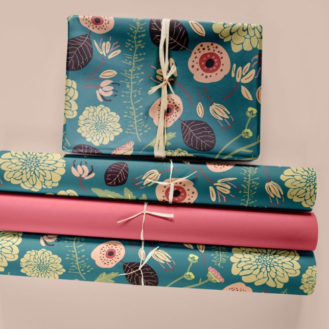 Flowers Pink Green Floral Pattern Wrapping Paper Sheets (Green Teal Pink Floral Playful Mix Pattern Wrapping Paper Sheets from Studio Posies. )