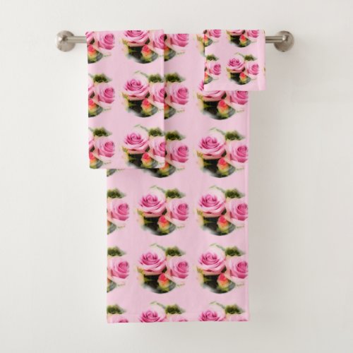 Flowers Pink Roses Modern Elegant Floral Template Bath Towel Set