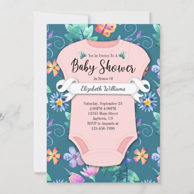 Flowers Pink Teal Blue Floral Baby Shower Invitation (Front)