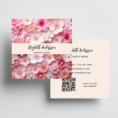 Flowers pink white cream photo QR logo Square Business Card