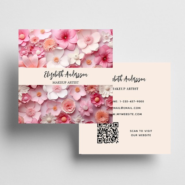 Flowers pink white cream photo QR logo Square Business Card (Creator Uploaded)