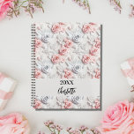 Flowers pink white pattern name script 2024 planner<br><div class="desc">Pink and white colored flower pattern.  Personalize and add a year (any year) and your name. The name is written with a modern hand lettered style script</div>