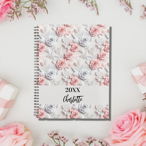 Flowers pink white pattern name script 2024 planner