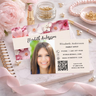 Flowers pink white photo QR logo Business Card