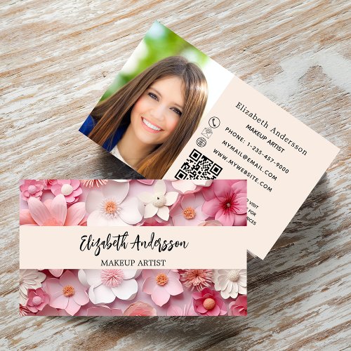 Flowers pink white photo QR logo Business Card
