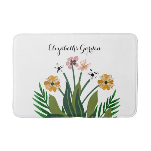 Flowers Pink Yellow Watercolor Bouquet Garden Bath Mat