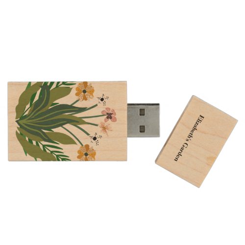 Flowers Pink Yellow Watercolor Bouquet Wood Flash Drive