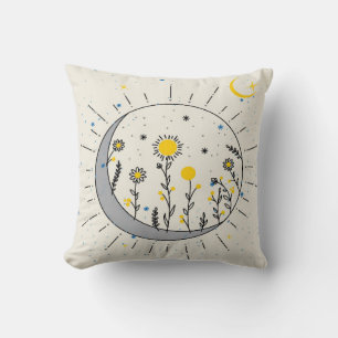 Flowers planet the sun and the moon graphic art throw pillow