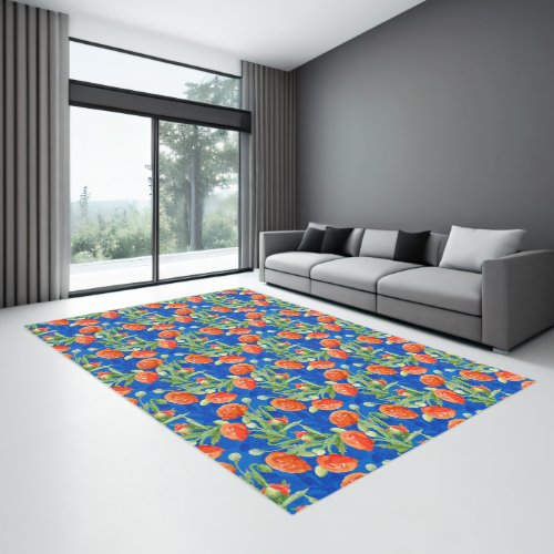 Flowers Poppy with Green Foliage Blue Background Rug
