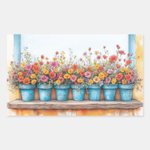 Flowers Pots Illustration Pastel Colour Drawing Rectangular Sticker