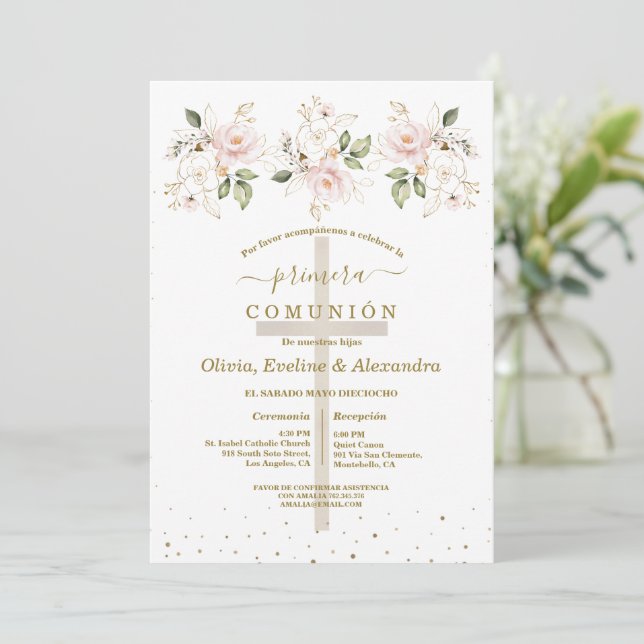 Flowers Primera Comunión Triplets Holy Communion Invitation (Standing Front)