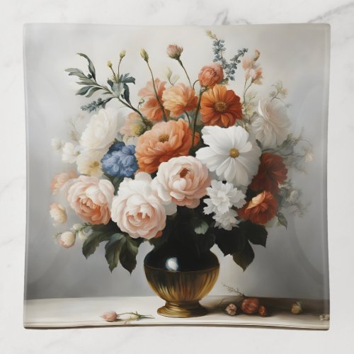 Flowers print in neoclassical art  trinket tray