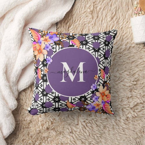 Flowers Purple Coral Botancial Floral Monogram Throw Pillow