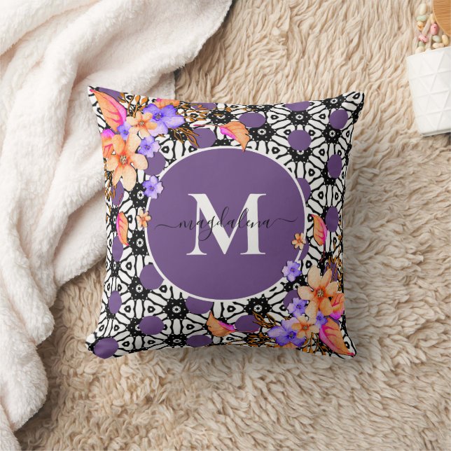 Flowers Purple Coral Botancial Floral Monogram Throw Pillow (Blanket)