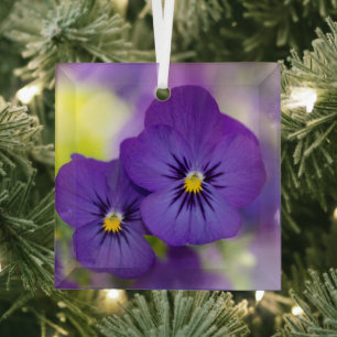 Flowers Purple Pansies Glass Ornament