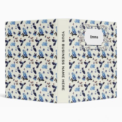 Flowers Rabbit Monkey Blue White Vintage  3 Ring Binder