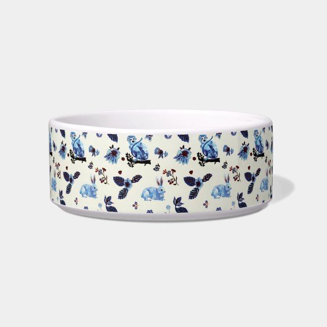 Flowers Rabbit Monkey Blue White Vintage  Bowl (Front)