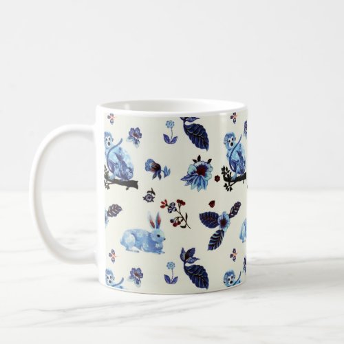 Flowers Rabbit Monkey Blue White Vintage  Coffee Mug