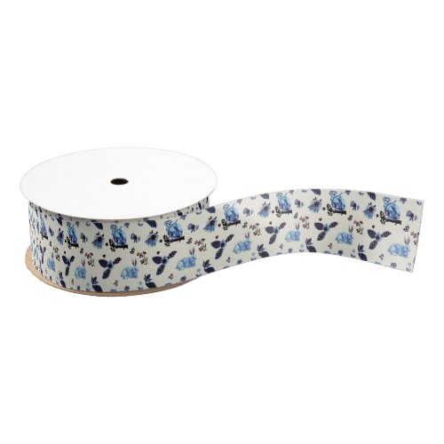 Flowers Rabbit Monkey Blue White Vintage  Grosgrain Ribbon