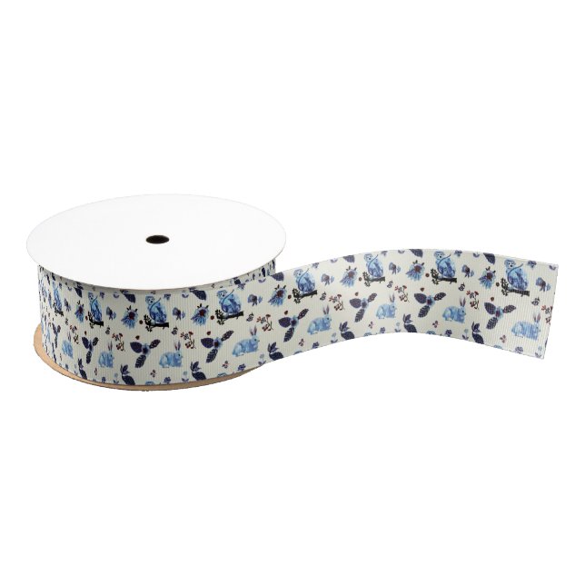 Flowers Rabbit Monkey Blue White Vintage  Grosgrain Ribbon (Spool)