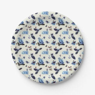 Flowers Rabbit Monkey Blue White Vintage Paper Plates