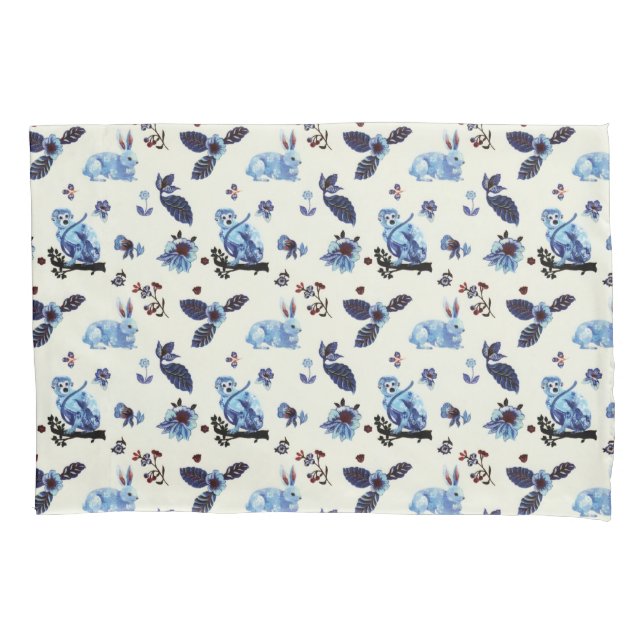 Flowers Rabbit Monkey Blue White Vintage  Pillow Case (Front)