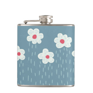 Flowers Raining Springtime Blue Gloomy Fun Hip Flask