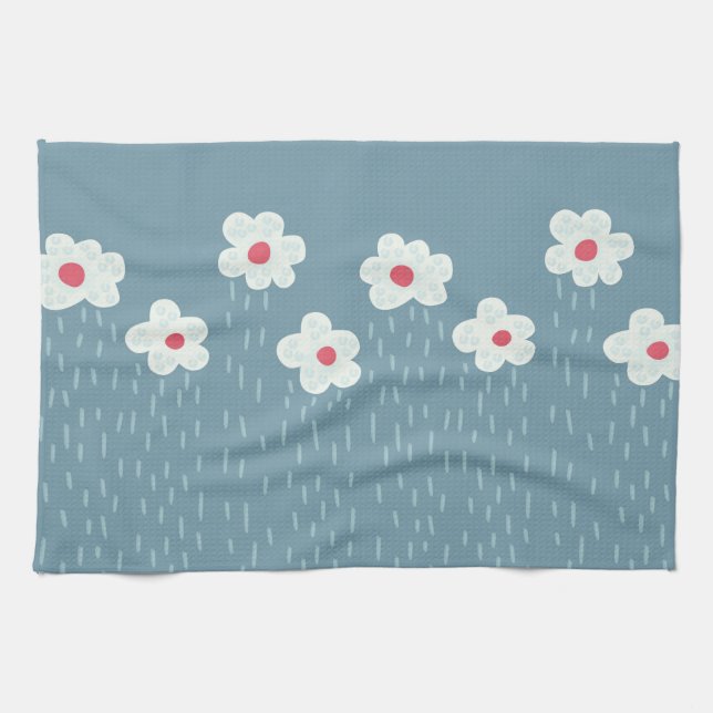 Flowers Raining Springtime Blue Gloomy Fun Kitchen Towel (Horizontal)