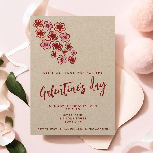 Flowers Red Pink Friends Galentine`s Day Kraft Invitation (Creator Uploaded)
