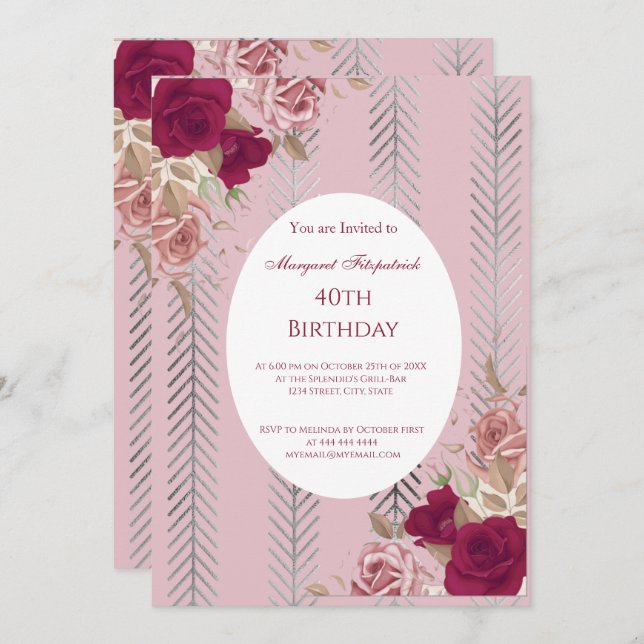  Flowers Red Pink Roses Birthday Party Invitation (Front/Back)