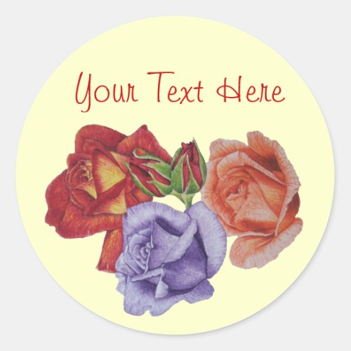 flowers red roses and rose buds floral art classic round sticker