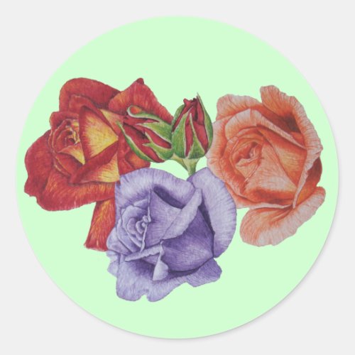 flowers red roses and rose buds floral art classic round sticker