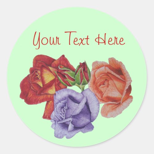 flowers red roses and rose buds floral art classic round sticker