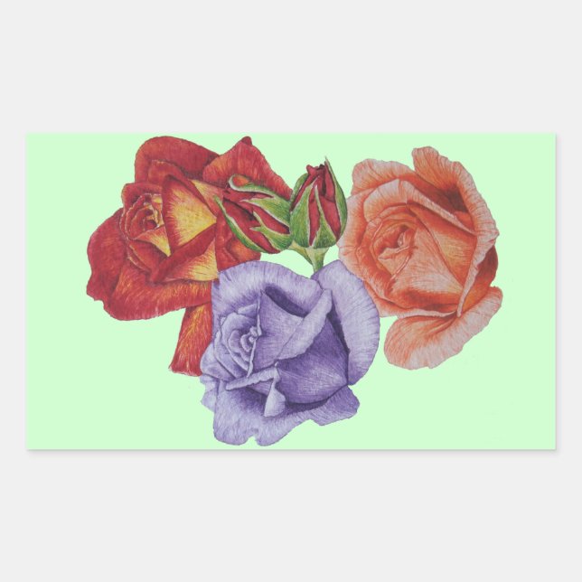 flowers red roses and rose buds floral rectangular sticker (Front)