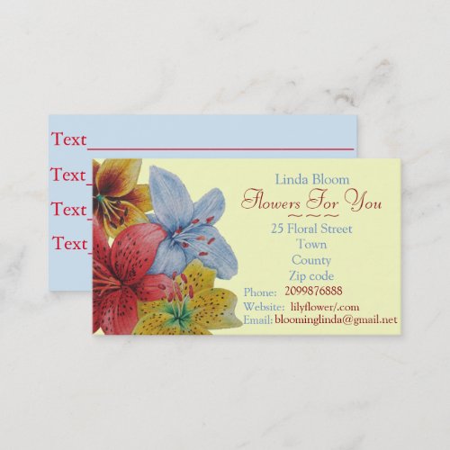 flowers red yellow blue Lilies original florists Business Card