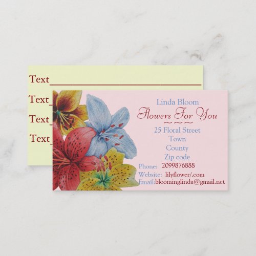 flowers red yellow blue Lilies original florists Business Card