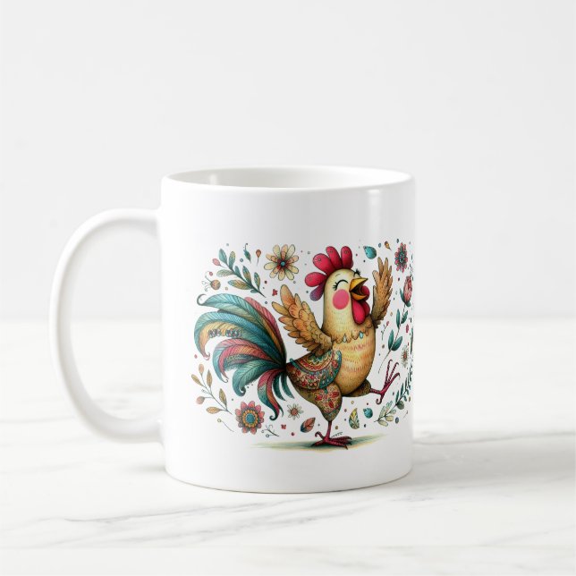 Flowers Rooster or Chicken Folk Art Style Coffee Mug (Left)