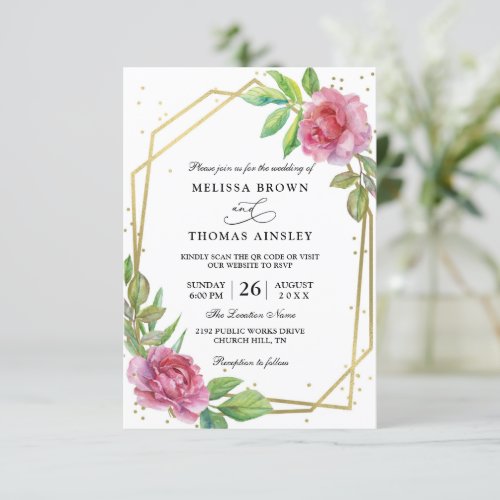Flowers Rose Geometric Gold Budget QR Code Wedding Invitation