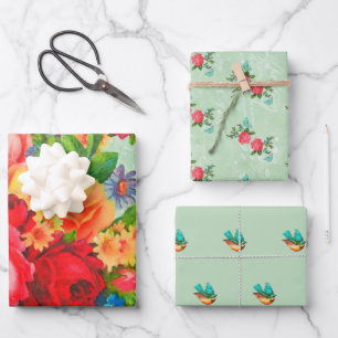 Flowers, Roses and Bluebirds Wrapping Paper Sheets
