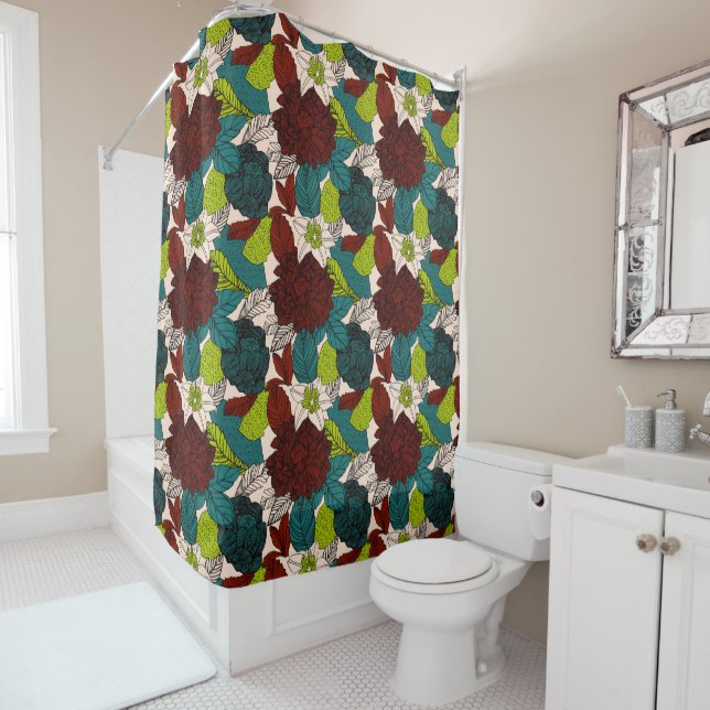 Flowers Roses Foliage Green Red Teal        Shower Curtain (In Situ)