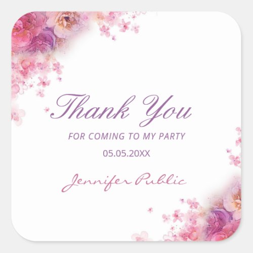 Flowers Roses Hand Script Thank You Template Square Sticker