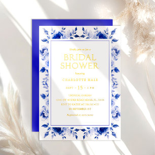Flowers Royal Blue Bridal Shower Gold Foil Invitation
